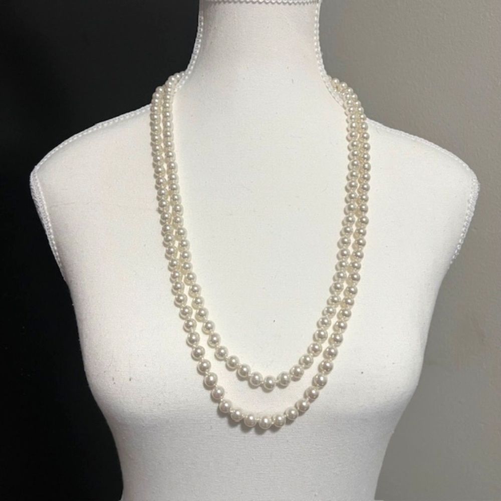 White Faux Pearl Long 58 Inch Necklace Knotted Nice Quality Pearl Necklace